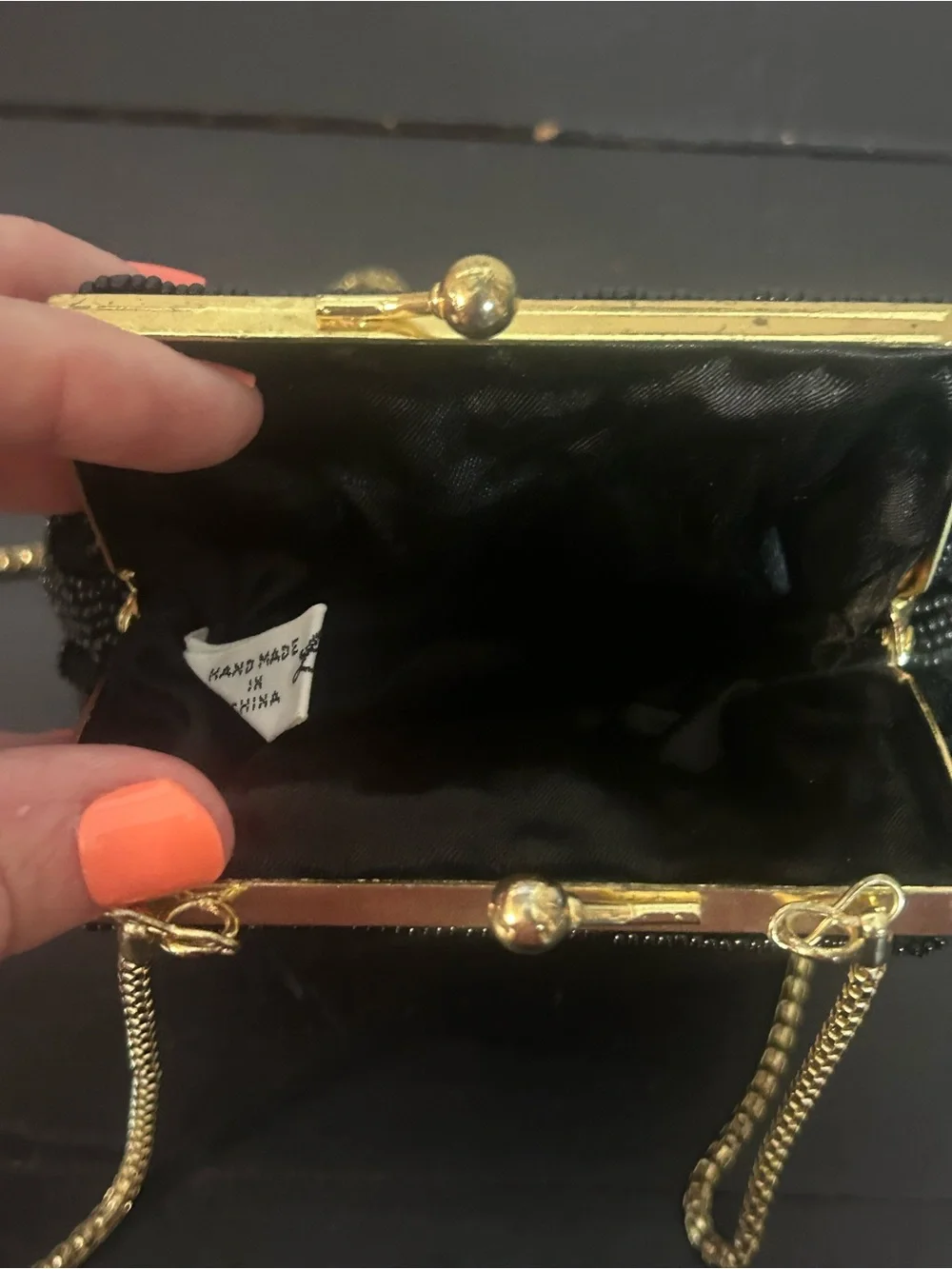 Vintage Regale Ltd Black Beaded Floral Evening Bag Kiss Lock Gold Chain Purse